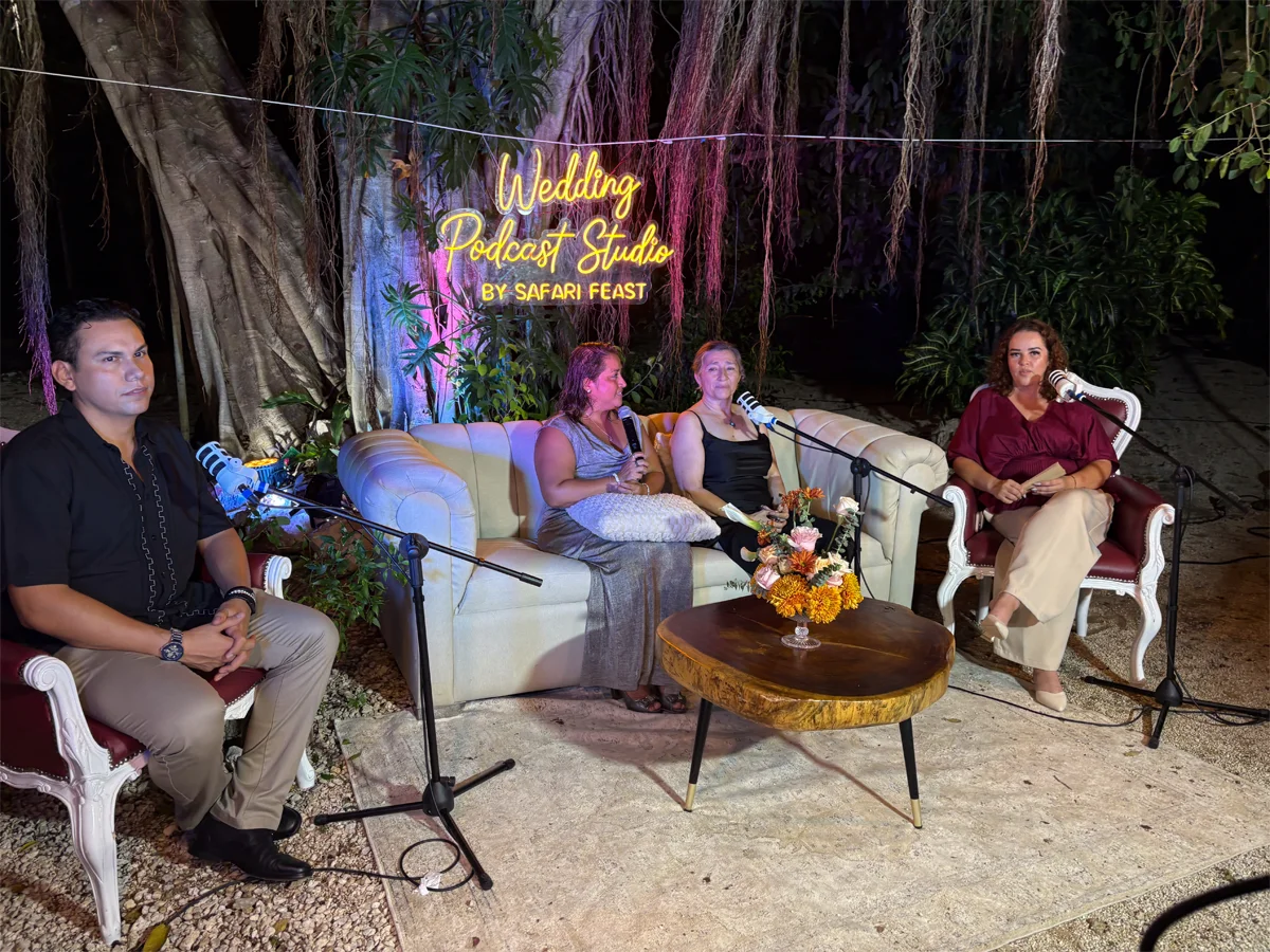 Guests recording at the Wedding Podcast Studio
